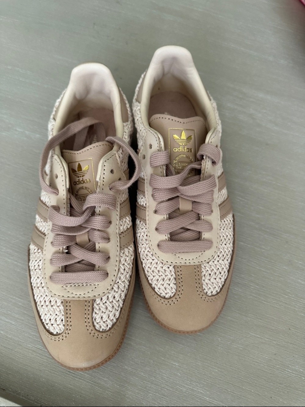 adidas Women’s Beige Woven Sneakers with Tan Accents